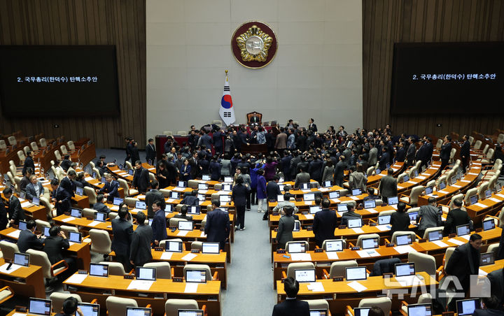 [서울=뉴시스] 권창회 기자 = 우원식 국회의장이 27일 오후 서울 여의도 국회에서 열린 제420회국회(임시회) 제2차 본회의에서 국무총리(한덕수) 탄핵소추안 관련 의결정족수 발표를 하자 국민의힘 의원들이 항의하고 있다. 2024.12.27. kch0523@newsis.com