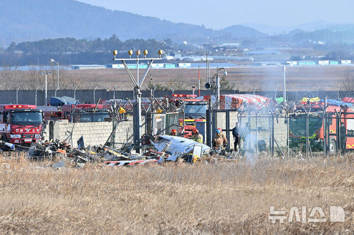 [무안=뉴시스] 이영주 기자 = 29일 오전 전남 무안공항에소 착륙 도중 충돌로 추정되는 사고가 난 여객기 주변 화재 현장에서 구조 활동이 진행되고 있다. 2024.12.29. leeyj2578@newsis.com