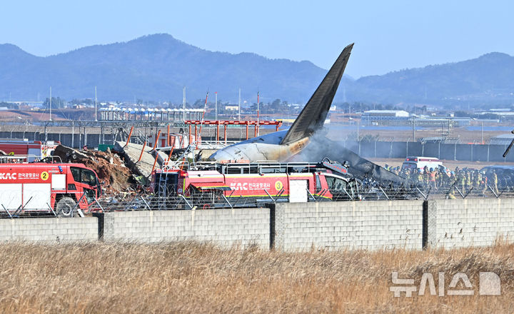 [무안=뉴시스] 이영주 기자 = 29일 오전 전남 무안공항에소 착륙 도중 충돌로 추정되는 사고가 난 여객기 주변 화재 현장에서 구조 활동이 진행되고 있다. 2024.12.29. leeyj2578@newsis.com