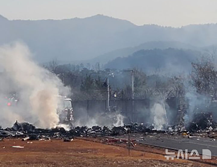 [무안=뉴시스] 맹대환 기자= 29일 오전 9시 7분께 전남 무안군 망운면 무안국제공항 활주로에서 방콕발 무안행 제주항공 여객기가 착륙 과정에 불시착, 항공·소방 당국이 불을 끄고 있다. 2024.12.29. mdhnews@newsis.com