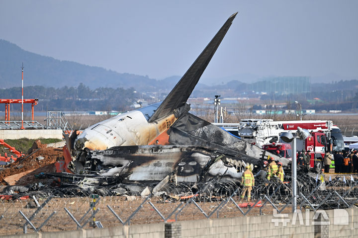 [무안=뉴시스] 이영주 기자 = 전남 무안공항에서 여객기 착륙 도중 충돌 사고가 난 29일 오후 소방 당국이 여객기 잔해를 살피고 있다. 2024.12.29. leeyj2578@newsis.com