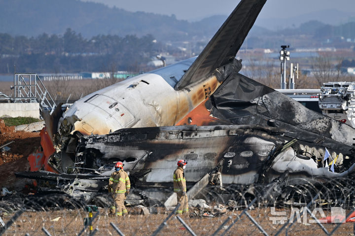 [무안=뉴시스] 이영주 기자 = 전남 무안공항에서 여객기 착륙 도중 충돌 사고가 난 29일 오후 소방 당국이 여객기 잔해를 살피고 있다. 2024.12.29. leeyj2578@newsis.com