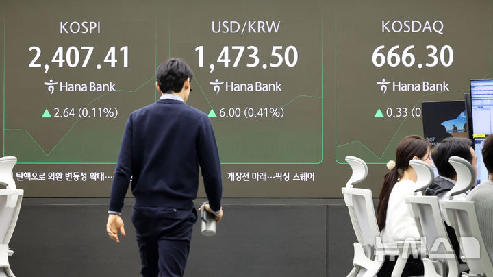 [서울=뉴시스] 김금보 기자 = 30일 서울 중구 하나은행 딜링룸에서 딜러들이 업무를 하고 있다. 코스피는 전 거래일(2404.77)보다 7.28포인트(0.30%) 내린 2397.49에, 코스닥 지수는 전 거래일(665.97)보다 3.29포인트(0.49%) 하락한 662.68에 거래를 시작했다. 서울 외환시장에서 원·달러 환율은 전 거래일 주간거래 종가(1467.5원)보다 7.5원 오른 1475.0원에 출발했다. 2024.12.30. kgb@newsis.com