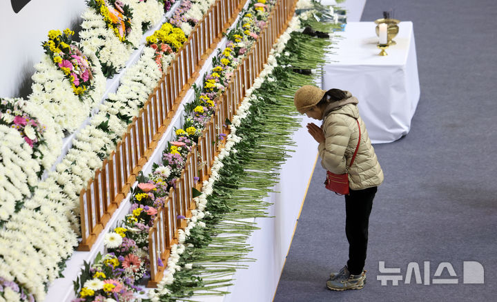 [무안=뉴시스] 김선웅 기자 = 31일 전남 무안군 현경면 무안스포츠파크에 마련된 제주항공 여객기 사고 희생자 합동분향소에서 추모객이 사고 희생자들을 추모하고 있다. 2024.12.31. mangusta@newsis.com