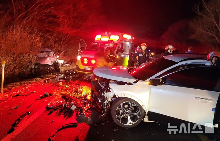 [제주=뉴시스] 1일 오후 제주시 용강동 제주마 방목지 인근 도로에서 차량 2대가 정면 충돌해 운전자 2명이 다쳤다. 현장에 출동한 119구조대가 현장 안전조치를 하고 있다. (사진=제주도소방안전본부 제공) 2025.01.01. photo@newsis.com *재판매 및 DB 금지