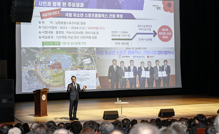 [남원=뉴시스] 2일 남원시 춘향문화회관에서 열린 2025년 시무식, 직접 프리젠테이션에 나선 최경식 시장이 올해 남원시의 시정 비전을 설명하고 있다. *재판매 및 DB 금지