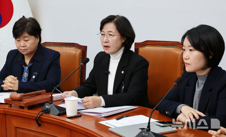 [서울=뉴시스] 조성우 기자 = 2일 오전 서울 여의도 국회에서 열린 윤석열내란진상조사단 회의에서 추미애(가운데) 단장이 발언하고 있다. 2025.01.02. xconfind@newsis.com