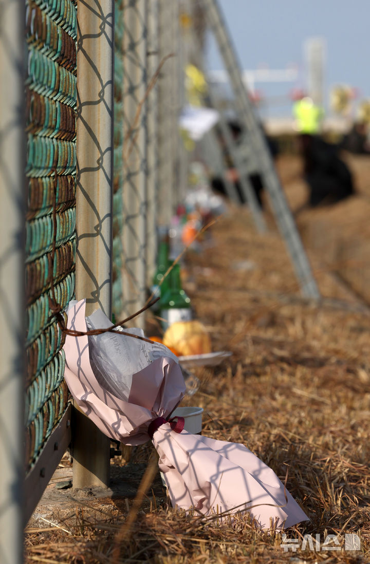 [무안=뉴시스] 김선웅 기자 = 2일 전남 무안국제공항 제주항공 여객기 참사 현장에 희생자들을 추모하는 꽃이 놓여 있다. 2025.01.02. mangusta@newsis.com