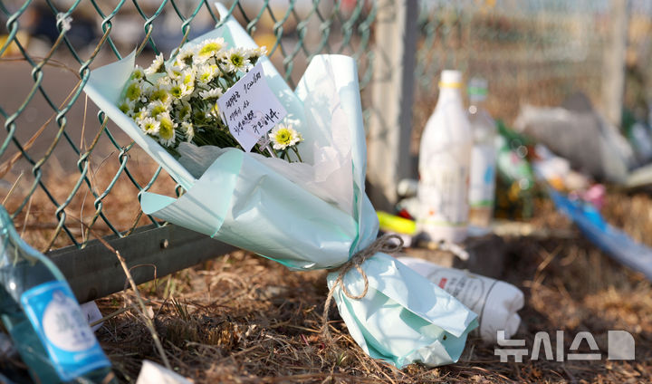 [무안=뉴시스] 김선웅 기자 = 2일 전남 무안국제공항 제주항공 여객기 참사 현장에 희생자들을 추모하는 꽃이 놓여 있다. 2025.01.02. mangusta@newsis.com