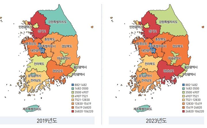 [서울=뉴시스] 2019년과 2023년의 지역별 외국인 근로자 규모. 2025.01.03. (자료=한국고용정보원 제공) *재판매 및 DB 금지