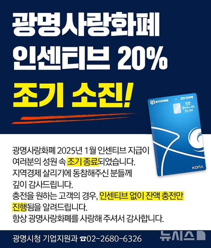 [광명=뉴시스]광명시가 1일 시 공식SNS와 시청 누리집에 광명사랑화폐 인센티브 20% 조기 소진을 알리는 글을 게시했다.(사진=광명시 제공)2025.01.03.photo@newsis.com