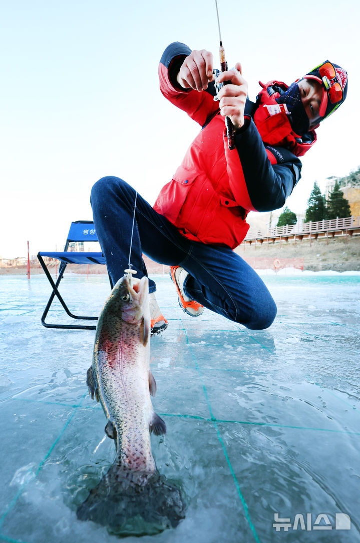 [평창=뉴시스] '제16회 평창송어축제'가 평창군 진부면 오대천 일원에서 개막한 가운데 축제장을 찾은 관광객이 얼음낚시터에서 송어를 들어 올리며 즐거워 하고 있다. (사진=평창군 제공) 2025.01.03.photo@newsis.com