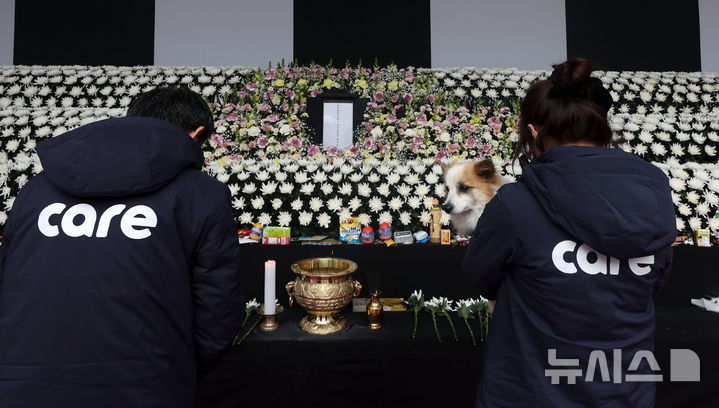 [서울=뉴시스] 홍효식 기자 = 무안국제공항 제주항공 여객기 참사로 주인을 잃은 반려견 푸딩이가 5일 서울시청 앞에 마련된 제주항공 여객기 사고 희생자 합동분향소를 방문하고 있다. 2025.01.05. yesphoto@newsis.com