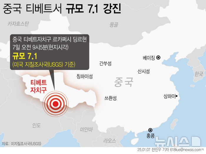 [서울=뉴시스] 7일 미국 지질조사국(USGS)에 따르면 이날 오전 9시5분(현지시각) 티베트자치구 르카쩌시 딩르현에서 규모 7.1의 지진이 발생했다. (그래픽=전진우 기자) 618tue@newsis.com