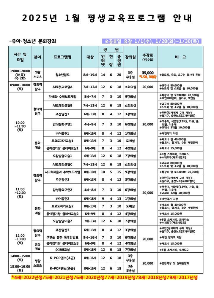 [대전=뉴시스] 평송청소년문화센터의 1월 교육프로그램. (사진=대전시 제공) 2025.01.07. photo@newsis.com *재판매 및 DB 금지