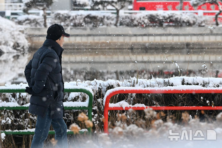 [광주=뉴시스] 이영주 기자 = 광주지역에 눈이 내린 7일 오전 광주 서구 상무시민공원에서 한 시민이 산책하고 있다. 2025.01.07. leeyj2578@newsis.com