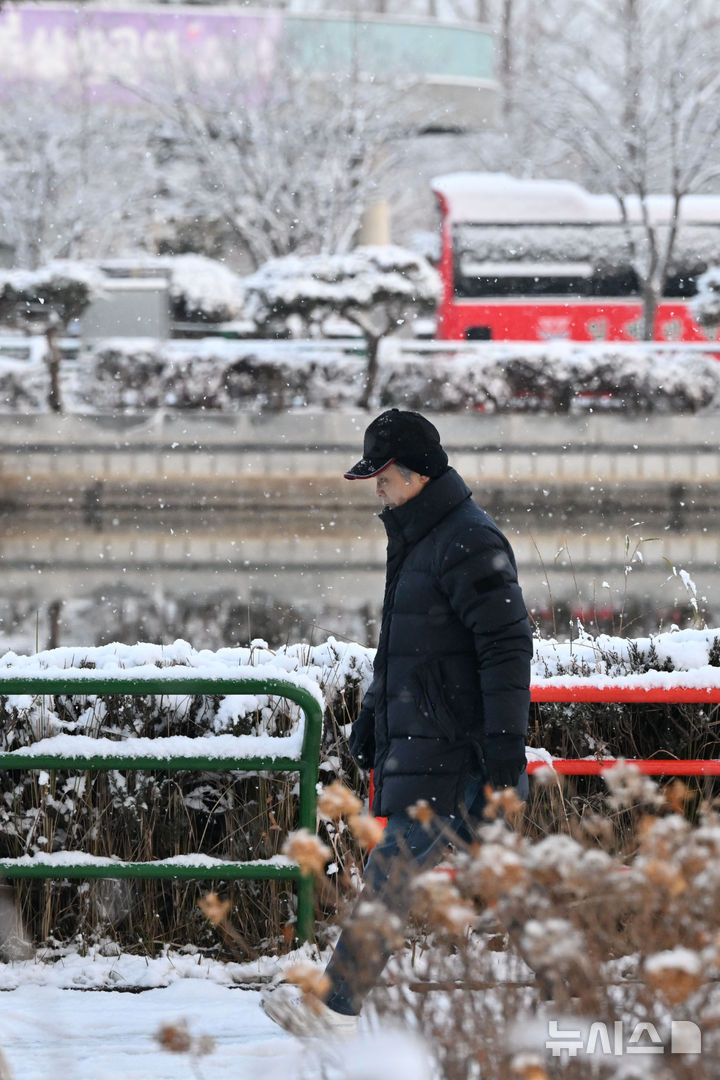 [광주=뉴시스] 이영주 기자 = 광주지역에 눈이 내린 7일 오전 광주 서구 상무시민공원에서 한 시민이 산책하고 있다. 2025.01.07. leeyj2578@newsis.com