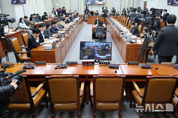 [서울=뉴시스] 권창회 기자 = 8일 오전 서울 여의도 국회에서 열린 운영위원회 전체회의에서 여당을 비롯한 국무위원들의 자리가 비어있다. 2025.01.08. kch0523@newsis.com