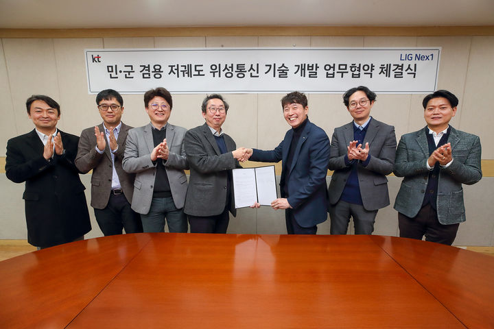 KT는 LIG넥스원과 민·군 겸용 저궤도 위성 핵심기술 개발을 위한 업무협약을 체결했다고 9일 밝혔다.(사진=KT) *재판매 및 DB 금지