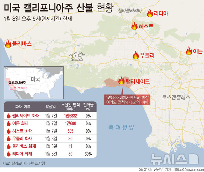 [서울=뉴시스] 미국 캘리포니아주 로스앤젤레스 대형 산불 현황