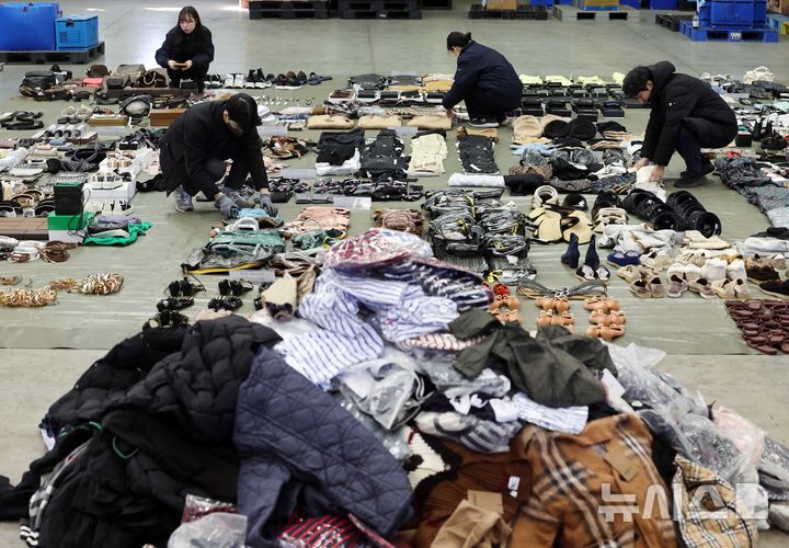 [부산=뉴시스] 하경민 기자 = 부산세관 직원들이 9일 부산 강서구 부산세관신항지정장치장에서 유통업자로부터 압수한 중국산 짝퉁 제품들을 정리하고 있다.  부산세관은 중국서 가방, 의류 등 시가 200억원 상당의 짝퉁 제품 1만여 점을 제작해 특송화물로 밀반입한 뒤 주택가 인근 원룸에 보관하며 온라인 쇼핑몰을 통해 판매한 전자상거래업체 대표 A(40대·여)씨를 관세법, 상표법, 범죄수익은닉의규제및처벌등에관한법률 위반 등의 혐의로 검찰에 불구속 송치했다고 밝혔다. 2025.01.09. yulnetphoto@newsis.com