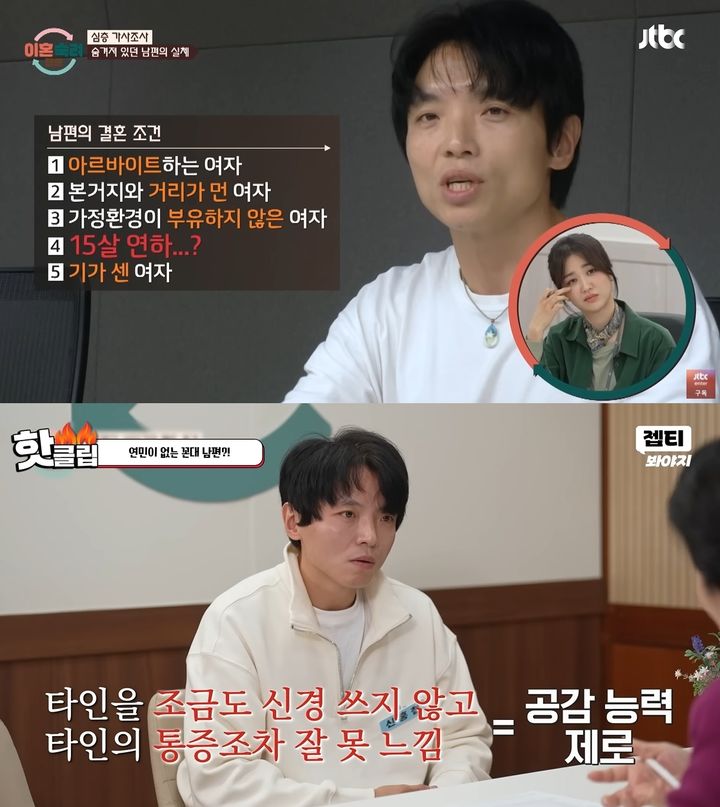 [서울=뉴시스] 12살 연하 아내에게 잔소리와 막말을 서슴지 않는 '꼰대 남편'의 심리 검사가 충격을 안겼다. (사진=JTBC '이혼숙려캠프') *재판매 및 DB 금지