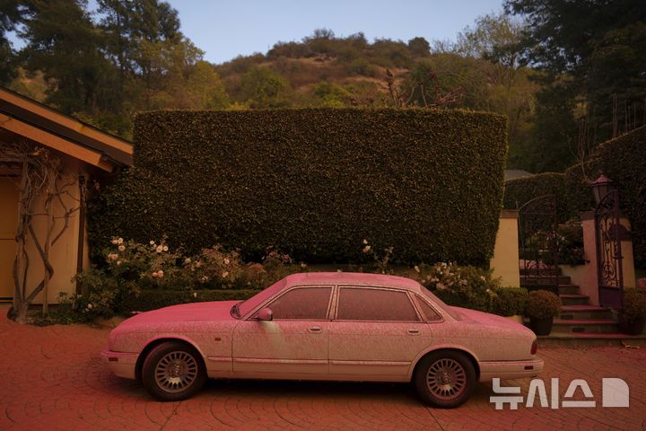 [로스앤젤레스=AP/뉴시스] 11일(현지 시간) 미국 로스앤젤레스 만데빌 캐니언 인근에 세워진 차량에 화재 지연제가 뿌려져 있다. 2025.01.14.