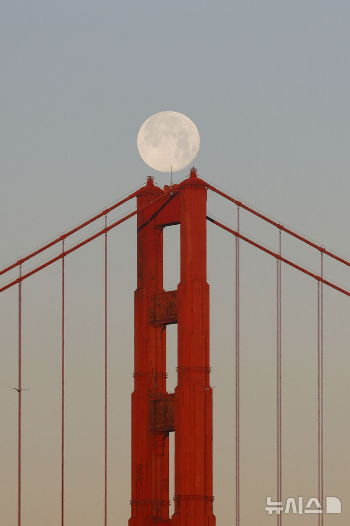 [샌프란시스코=AP/뉴시스] 14일(현지 시간) 미국 샌프란시스코 금문교 위로 올해 첫 보름달인 '늑대의 달'(울프문)이 떠오르고 있다. '울프문'은 추운 겨울밤, 배고픈 늑대들이 보름달을 향해 울부짖었다는 북미 원주민의 설화에서 유래했다. 2025.01.15.