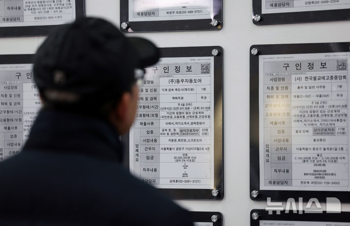 [서울=뉴시스] 김진아 기자 = 지난 15일 통계청이 발표한 '2024년 12월 및 연간 고용동향'에 따르면 지난해 연간 취업자 수는 2천857만6천명으로 1년 전보다 15만9천명(0.6%) 늘었다. 지난 2023년 대비 절반에 불과한 수준이다. 15일 서울의 한 고용복지플러스센터에서 구직자가 일자리정보를 확인하고 있다. 2025.01.15. bluesoda@newsis.com