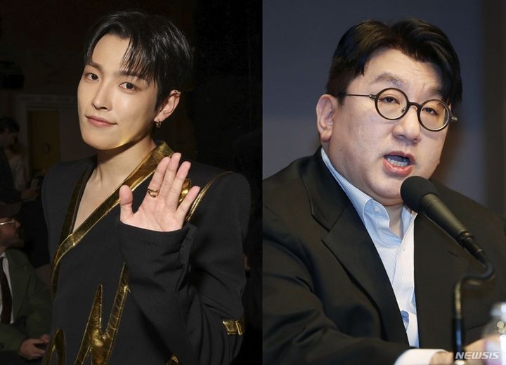 [서울=뉴시스] 그룹 '에이티즈' 홍중, 방시혁 하이브 의장. (사진=뉴시스 DB) 2025.01.16 photo@newsis.com *재판매 및 DB 금지