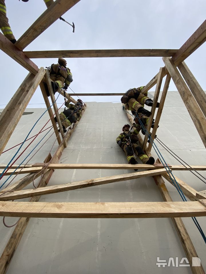 [창원=뉴시스]경남도소방본부 119특수대응단, 건물 붕괴 사고 대비 벽체 지지훈련.(사진=경남도소방본부 제공) 2025.01.16. photo@newsis.com