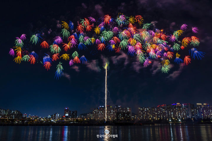 [서울=뉴시스] 뉴시스 정병혁 기자가 한국사진기자협회 제262회 이달의 보도사진상 피처 부문에서 '불꽃이 만든 나무'로 최우수상을 수상했다. 사진은 지난 2024년 10월 5일 서울 영등포구 여의도한강공원 일대에서 열린 2024 서울세계불꽃축제에서 화려한 불꽃들이 밤하늘을 수놓고 있다. (사진=한국사진기자협회 제공) 2025.01.16. photo@newsis.com *재판매 및 DB 금지