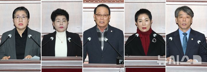 [정읍=뉴시스] 정읍시의회 (왼쪽부터)한선미 의원, 송기순 의원, 최재기 의원, 황혜숙 의원, 이도형 의원이 제301회 임시회에서 각각 '5분 자유발언'을 하고 있다. *재판매 및 DB 금지