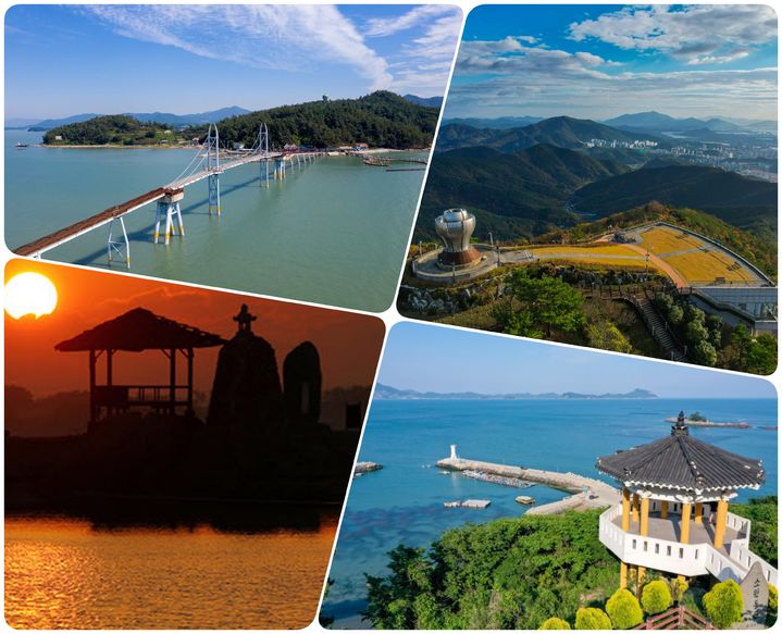 [무안=뉴시스] 전남관광재단이 추천한 설 연휴 남도 힐링관광지. 윗줄 왼쪽부터 시계 방향으로 강진 가우도, 광양 구봉산 전망대, 고흥 거금도 금산, 함평 돌머리 해수욕장. (사진=전남관광재단 제공) 2025.01.18. photo@newsis.com *재판매 및 DB 금지