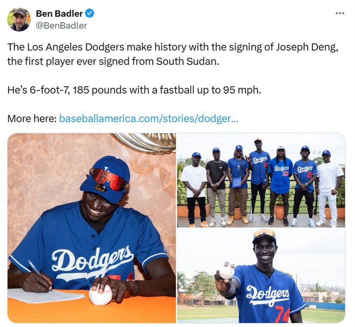 LA 다저스가 남수단 출신 투수 조지프 덩과 계약했다. (사진=벤 베들러 기자 X 캡처) *재판매 및 DB 금지