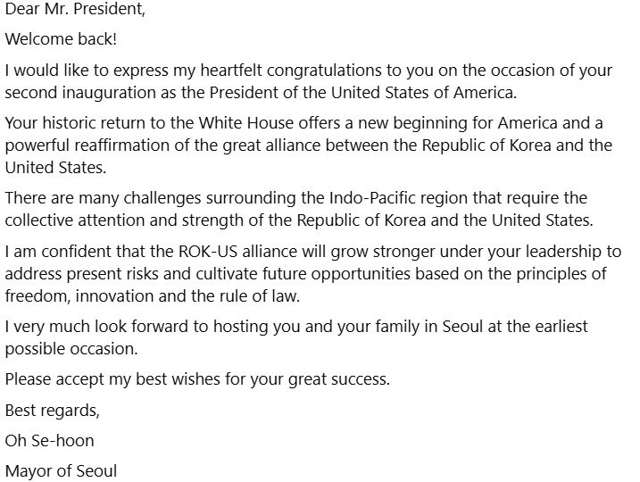 [서울=뉴시스] 오세훈 서울시장이 트럼프 미 대통령에 보낸 영문 편지. 2025.01.21. (사진=오세훈 페이스북 갈무리) *재판매 및 DB 금지