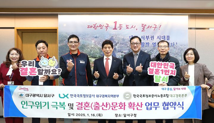[대구=뉴시스] 대구시 달서구는 한국국토정보공사 대구경북지역본부, 한국국토정보공사노동조합 대구경북본부와 함께 초저출생 인구 위기 공동 대응을 위한 업무협약을 체결했다. (사진=대구시 달서구 제공) 2025.01.21. photo@newsis.com *재판매 및 DB 금지
