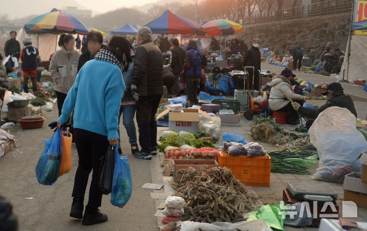 [전주=뉴시스] 김얼 기자 = 설 연휴를 앞둔 지난해 1월22일 전북 전주시 전주남부시장 인근 도깨비시장을 찾은 시민들이 제수용품을 구매하고 있다. 2025.01.22. pmkeul@newsis.com