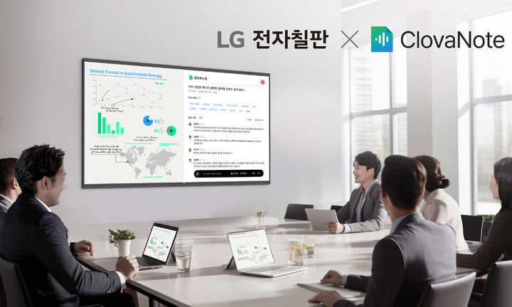 [서울=뉴시스]LG전자가 네이버클라우드와 협업해 LG 전자칠판과 네이버웍스 클로바노트를 구독으로 함께 제공해 스마트 오피스 시장 공략에 나선다. 사진은 LG 전자칠판과 네이버웍스 클로바노트를 활용해 회의를 진행하고 있는 모습. (사진=LG전자 제공) photo@newsis.com *재판매 및 DB 금지