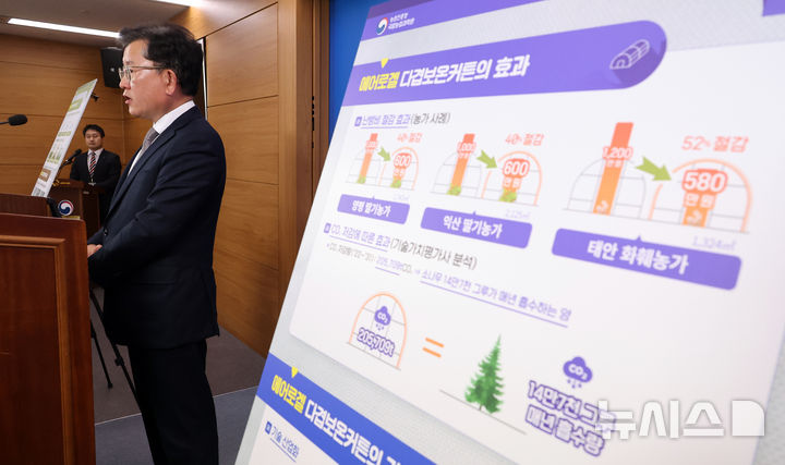 [세종=뉴시스] 강종민 기자 = 이승돈 농촌진흥청 국립농업과학원장이 22일 세종시 정부세종청사에서 고단열 투습성 소재인 에어로겔을 적용해 개발한 다겹보온커튼의 시범 보급과 실용화 결과를 발표하고 있다.   농진청은 실험 결과 기존 보온커튼보다 20%의 난방비 절감 효과가 발생했다고 덧붙혔다. 2025.01.22. ppkjm@newsis.com