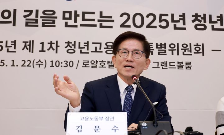 [서울=뉴시스] 김문수 고용노동부 장관이 지난 1월 22일 서울 명동 로얄호텔에서 열린 2025년 제1차 청년고용촉진특별위원회에 참석해 발언하고 있다. (사진=고용노동부 제공) 2025.01.22. photo@newsis.com *재판매 및 DB 금지