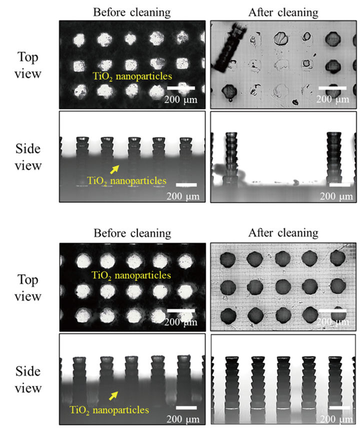 상용 초음파 세정 장치(위)와 숭실대 연구팀이 개발한 세정 장치(아래)의 비손상 세정 성능 비교 도식. (사진=숭실대 제공) *재판매 및 DB 금지