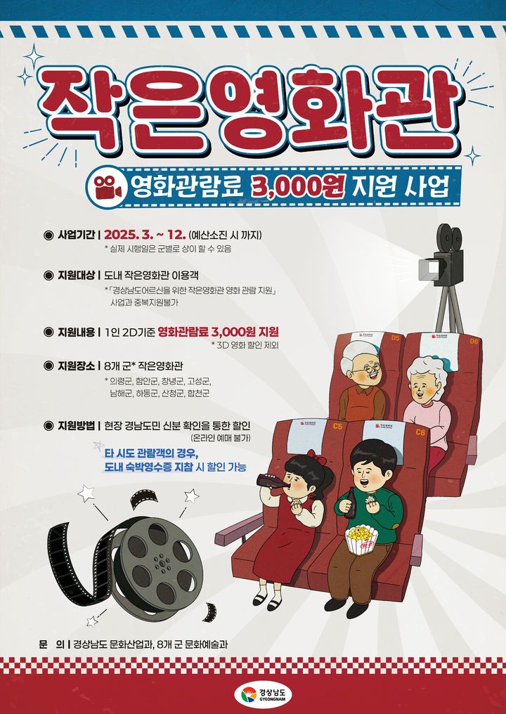 경남도, 8개 군 작은영화관 관람료 3천원 지원…1억 투입