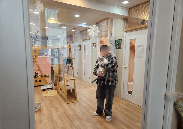 [서울=뉴시스] 반려동물을 설 연휴 때 맡기는 이유는 다양한데 이 중 국내에 있는 고향을 방문하기 위한 게 대표적이다. 사진은 보호자가 고양이 반려동물 호텔 속 보호 고양이를 안은 모습. (사진=캣츠아일랜드 제공) 2025.01.25. photo@newsis.com *재판매 및 DB 금지