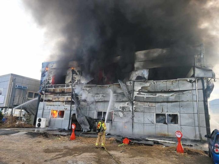 [부산=뉴시스] 26일 오전 부산 강서구의 한 식품가공 공장에서 불이 났다. (사진=부산소방재난본부 제공) 2025.01.26. photo@newsis.com *재판매 및 DB 금지