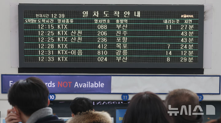 [서울=뉴시스] 김선웅 기자 = 설 연휴 넷째 날이자 전국적으로 폭설, 한파가 몰아친 28일 서울역 대합실에서 열차 운행 지연 관련 내용이 안내되고 있다. 2025.01.28. mangusta@newsis.com