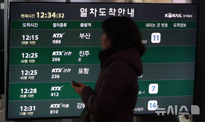 [서울=뉴시스] 김선웅 기자 = 설 연휴 넷째 날이자 전국적으로 폭설, 한파가 몰아친 28일 서울역 대합실에서 열차 운행 지연 관련 내용이 안내되고 있다. 2025.01.28. mangusta@newsis.com