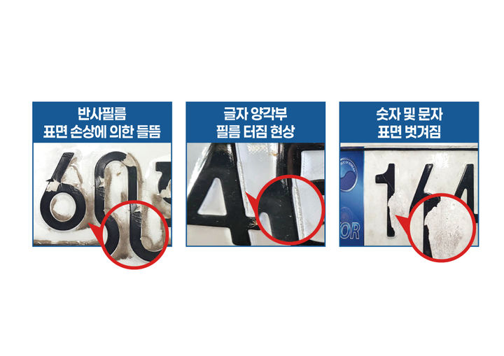 [울산=뉴시스] 구미현 기자 = 울산차량등록사업소는 필름식 자동차 번호판불량을 무상교체 해준다고 30일 밝혔다.&nbsp; 사진은 불량 번호판 예시 (울산시 제공) photo@newsis.com *재판매 및 DB 금지