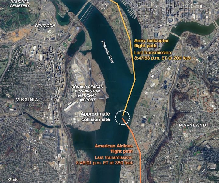 29일 아메리칸항공 여객기와 블랙호크 헬기 충돌 포토맥강 상공.(출처: CNN). 2025.01.30. *재판매 및 DB 금지