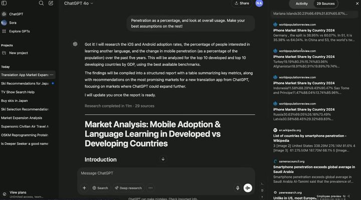[서울=뉴시스] 오픈AI는 3일 오전 새 AI 에이전트 '딥 리서치(Deep Research)'를 챗GPT에 탑재했다고 밝혔다. 이날 오전 9시 유튜브 생방송을 통해 '딥 리서치'를 시연했다. (사진=오픈AI 유튜브 캡처) *재판매 및 DB 금지